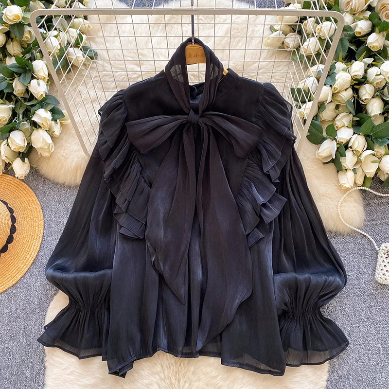 Women's Bow Neck Ruffled Long Sleeve Blouse