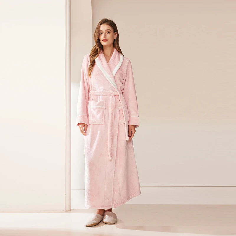 Long Flannel Fleece Tie Waist Bathrobe with Pockets