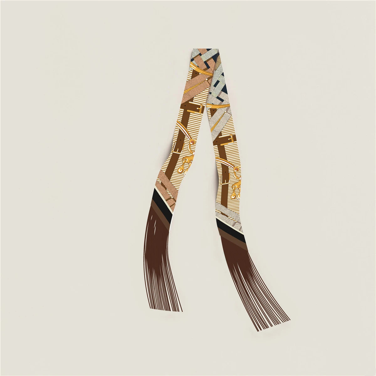 Printed Narrow Ribbon Scarf with Decorative Fringed Ends