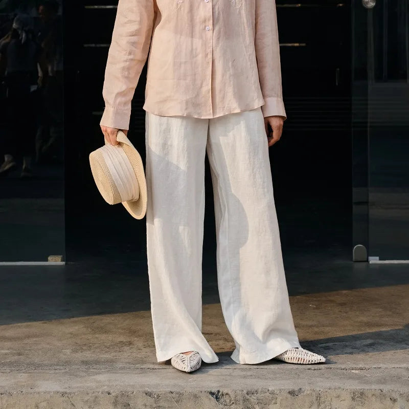 Women's Linen Loose Straight-Leg Pants with Drawstring Waist for Casual Daily Wear