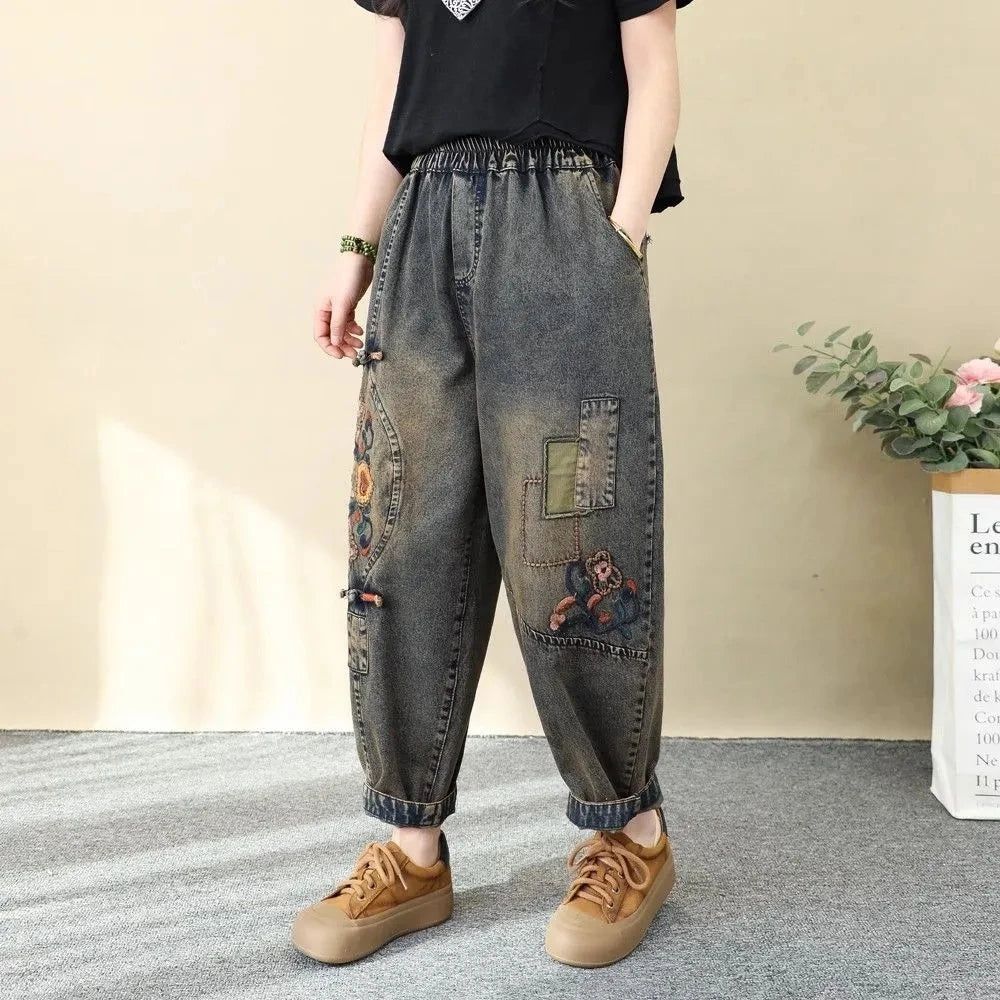 Women's Cotton Embroidered High-Waist Loose Ankle-Length Jeans with Elastic Waist for Outfits