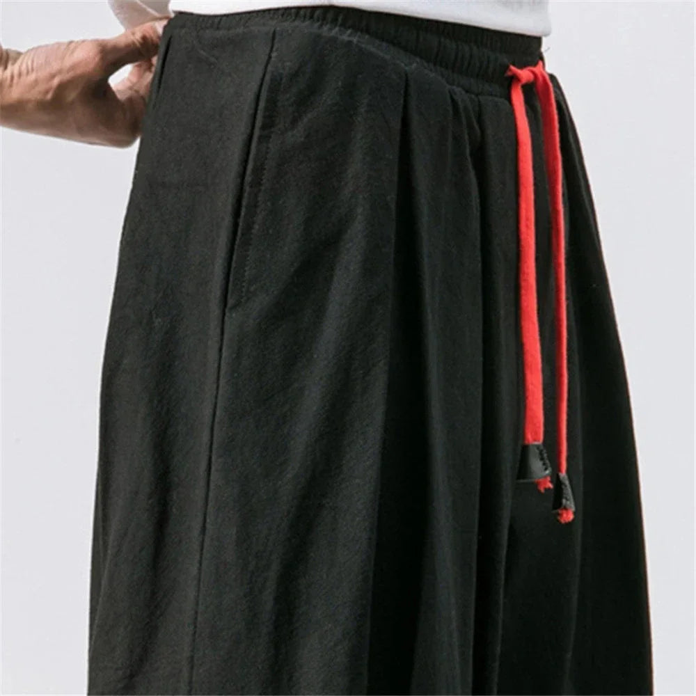 Men's Loose-Fit Cotton-Linen Harem Pants with Elastic Waist and Gathered Cuffs