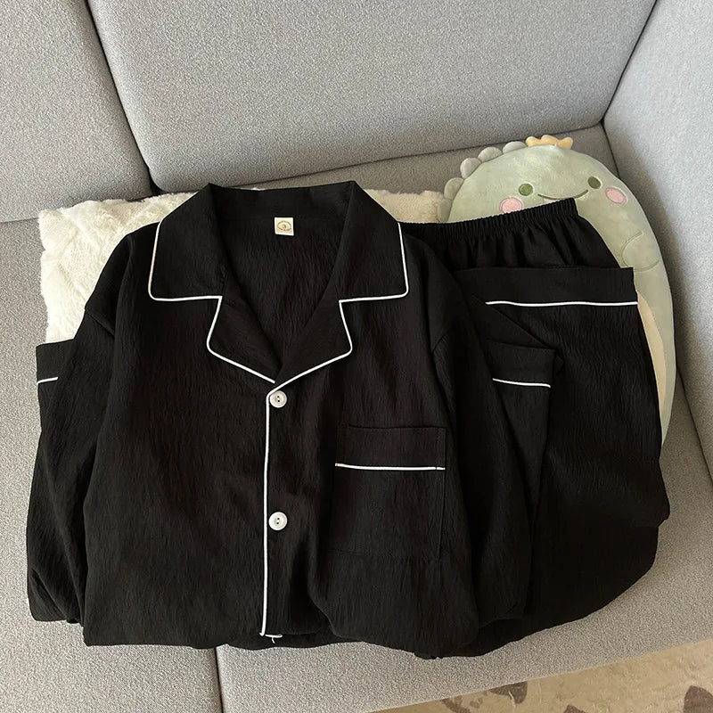 Men's Solid Contrast Trim Button Front Shirt and Pants Pajama Set