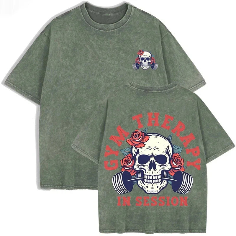 Gym Therapy In Session Skull Rose Print Vintage Washed Workout T Shirt