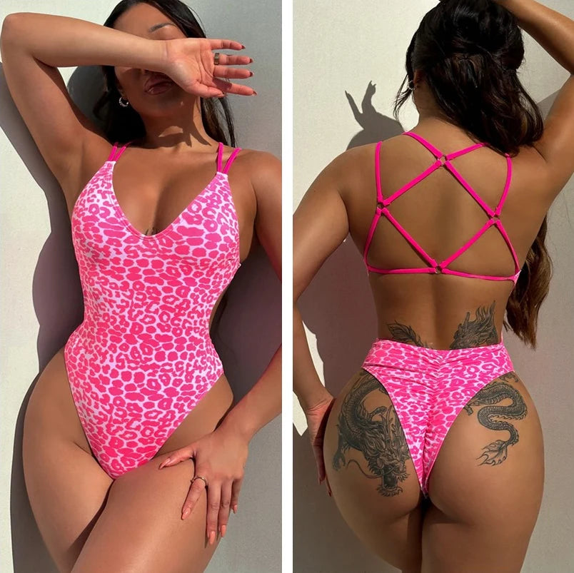 Women's Strappy Cross Back Plunge Neck One Piece Swimsuit