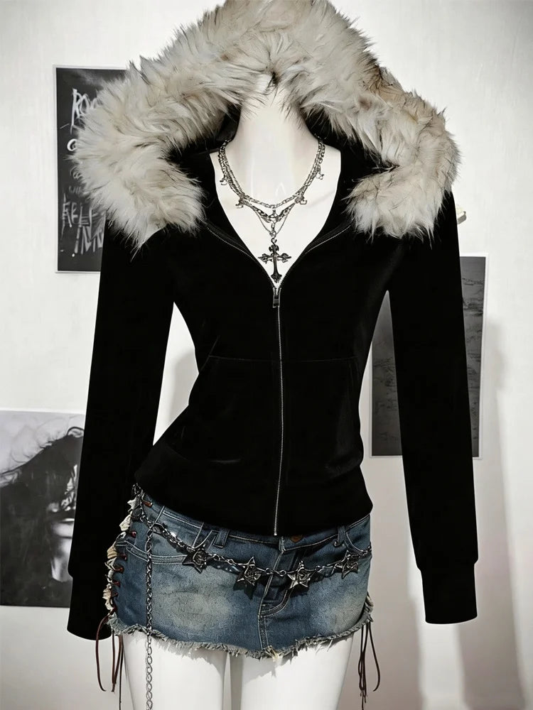 Fluffy Trim Long Sleeve Full Zip Casual Hoodie