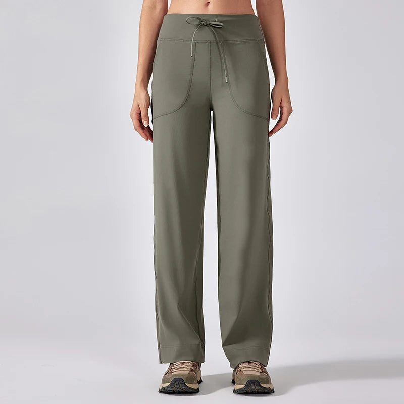 Women's Drawstring Waist Nylon Blend Wide Leg Pants with Length Options