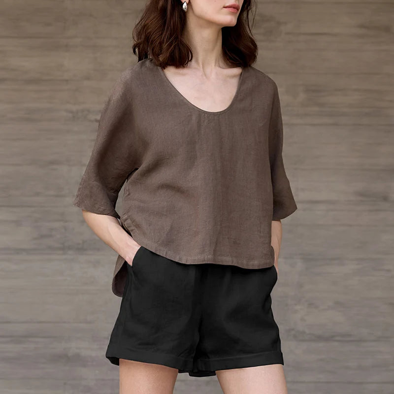 Women's Linen High-Waist Regular-Fit Shorts with Elastic Waist and Practical Side Pockets