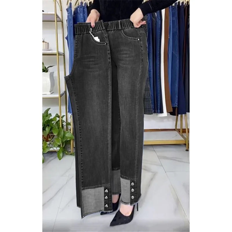 Women's Button Cuff Cropped Straight Leg Denim Jeans