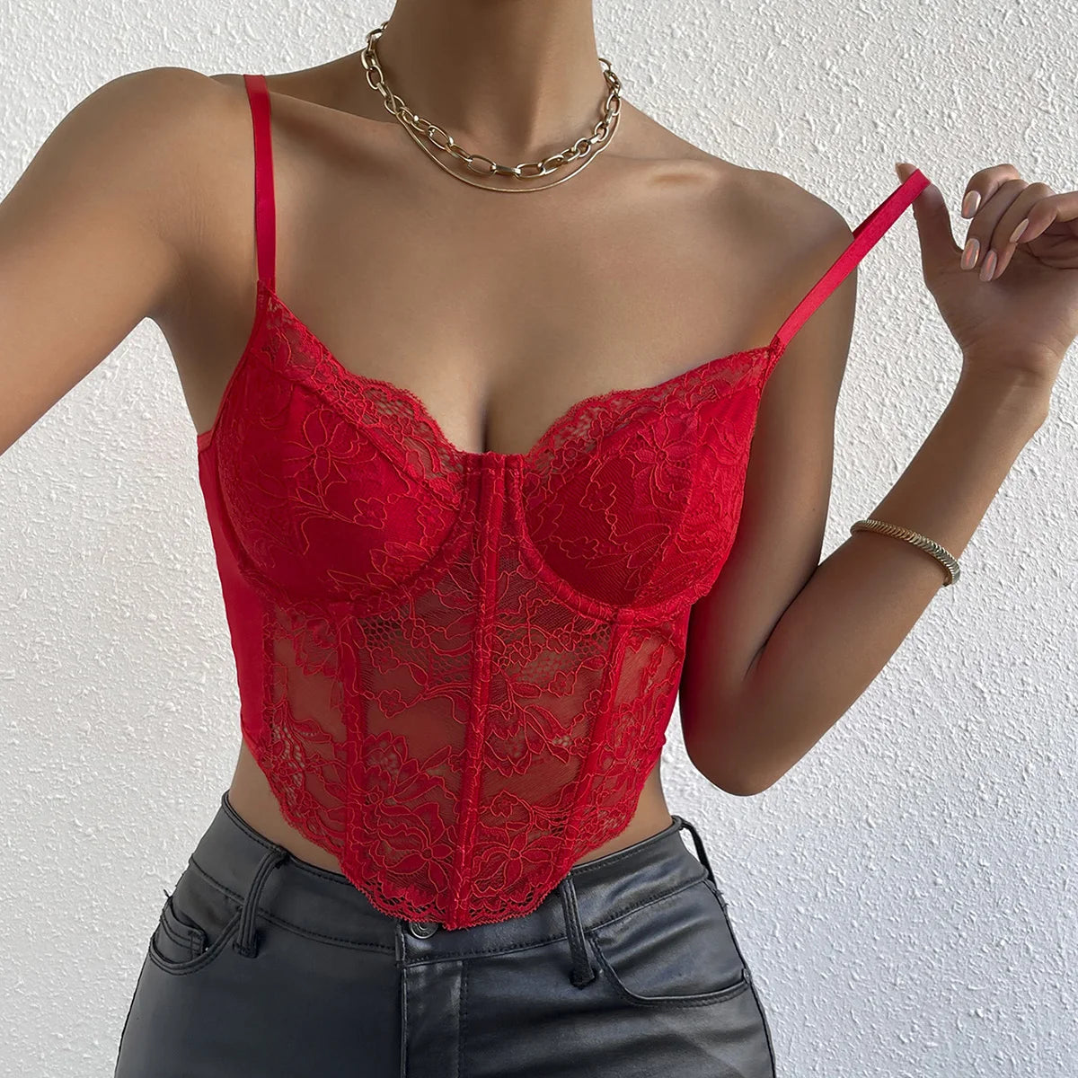 Women's Lace Bustier Crop Top with Underwire Cups and Thin Shoulder Straps