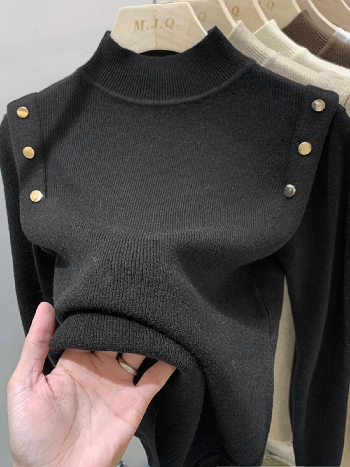 Women's Turtleneck Shoulder Button Sweater Casual Knit Layer