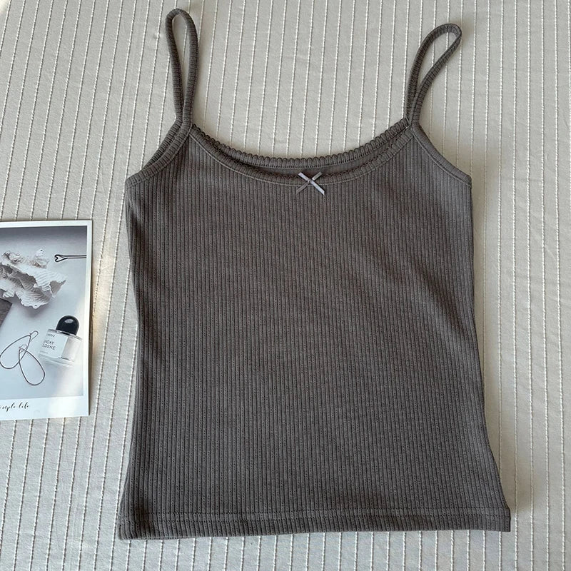 Women's Lace Trim Cotton Camisole with Bow Detail and Multiple Pattern Options