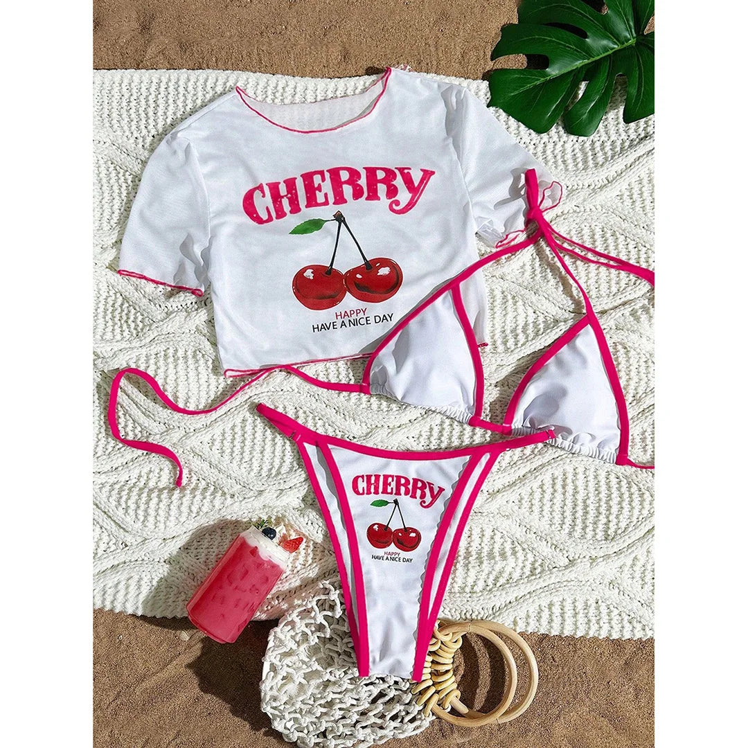 Cherry Print Bikini with Short Sleeve Cover-Up
