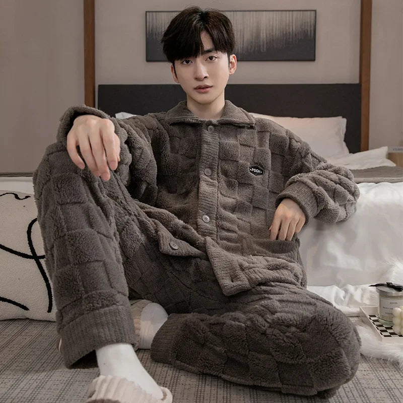 Men's Plush Button Front Shirt and Pants Pajama Set