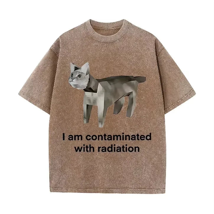 Vintage Washed Green Low Poly Radiation Cat I Am Contaminated Funny Meme Casual T Shirt
