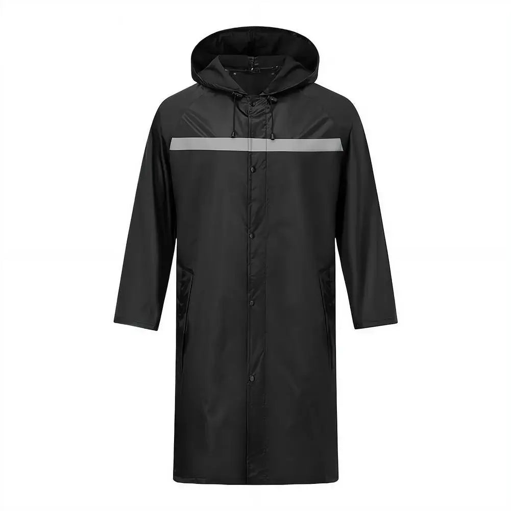 Long Hooded Rain Coat with Front Closure and Contrast Stripe