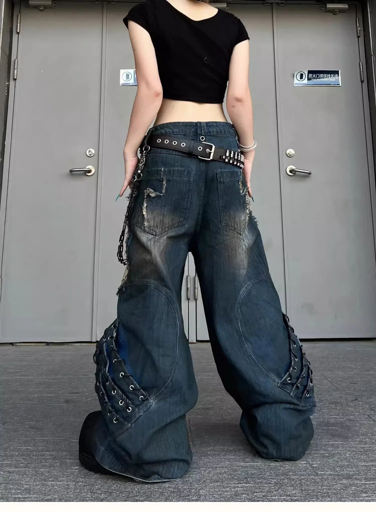 Women's Wide Leg Jeans with Distressed Patchwork and Washed Finish