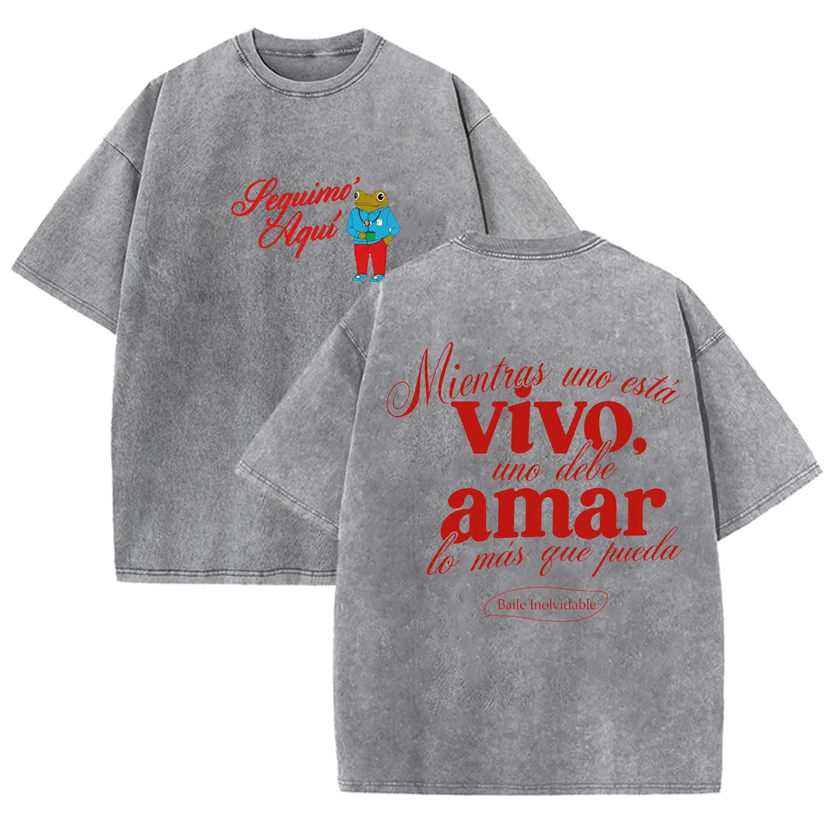 Vintage Washed Black Seguimo Aqui Frog Spanish Slogan Front Back Print Casual T Shirt