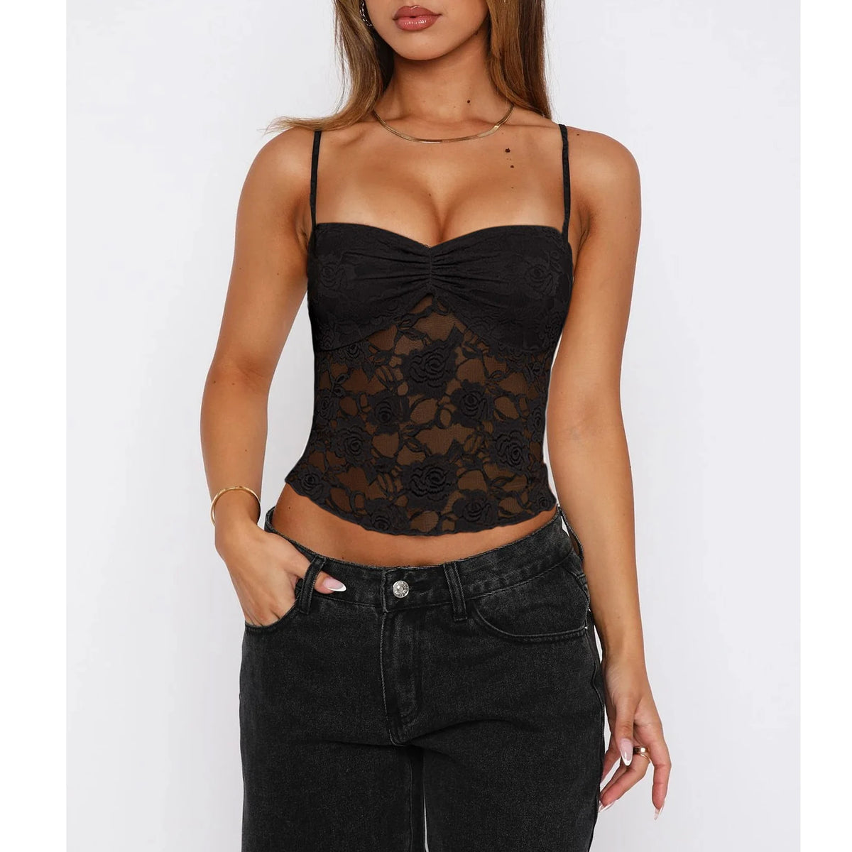 Women's Ruched Front Polyester Blend Lace Camisole with Thin Shoulder Straps