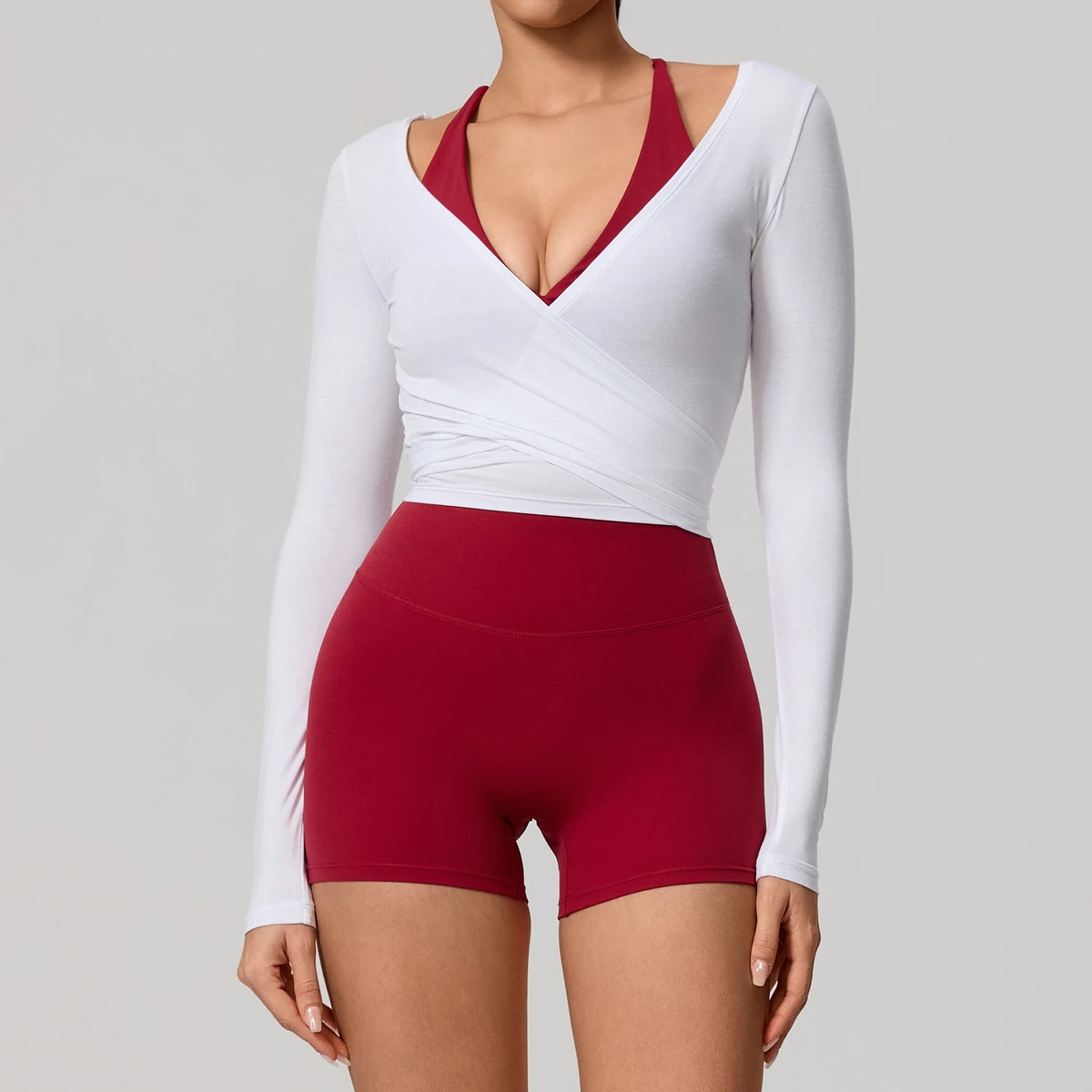 Women's Wrap Tie Front Long Sleeve Crop Top