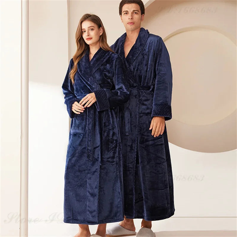 Long Flannel Fleece Tie Waist Bathrobe with Pockets