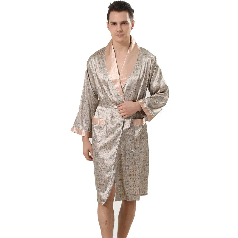 Men's Patterned Satin Long Sleeve Tie Waist Bathrobe with Pockets