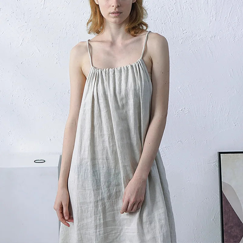 Women's Linen Sleeveless Loose A-Line Ankle-Length Dress with Straps and Practical Pockets