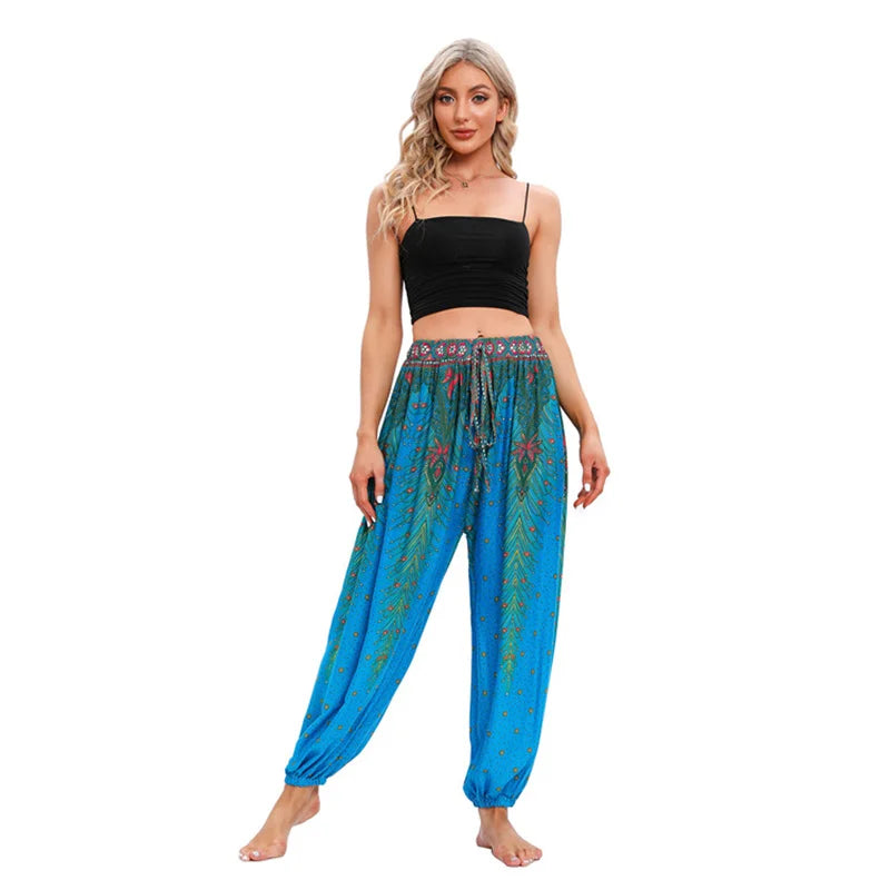 Women's Printed Rayon Harem Pants with Elastic Waist and Loose Gathered Legs