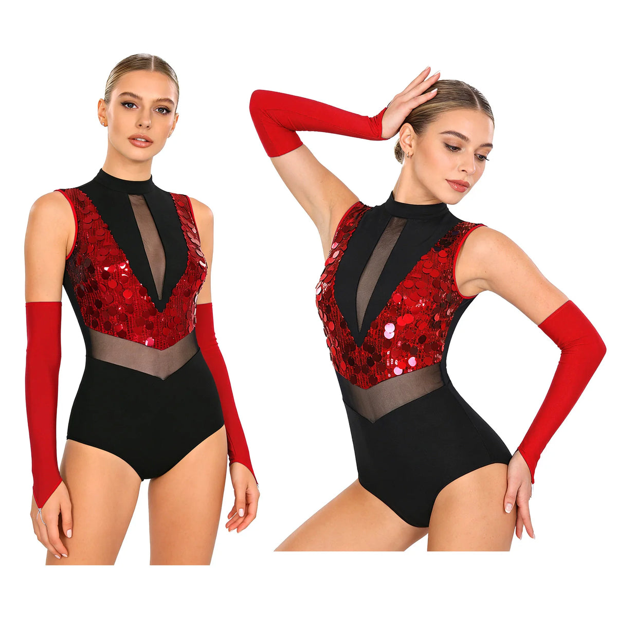 Women's Sequin Mesh Dance Leotard with Coordinating Long Glove Accessories