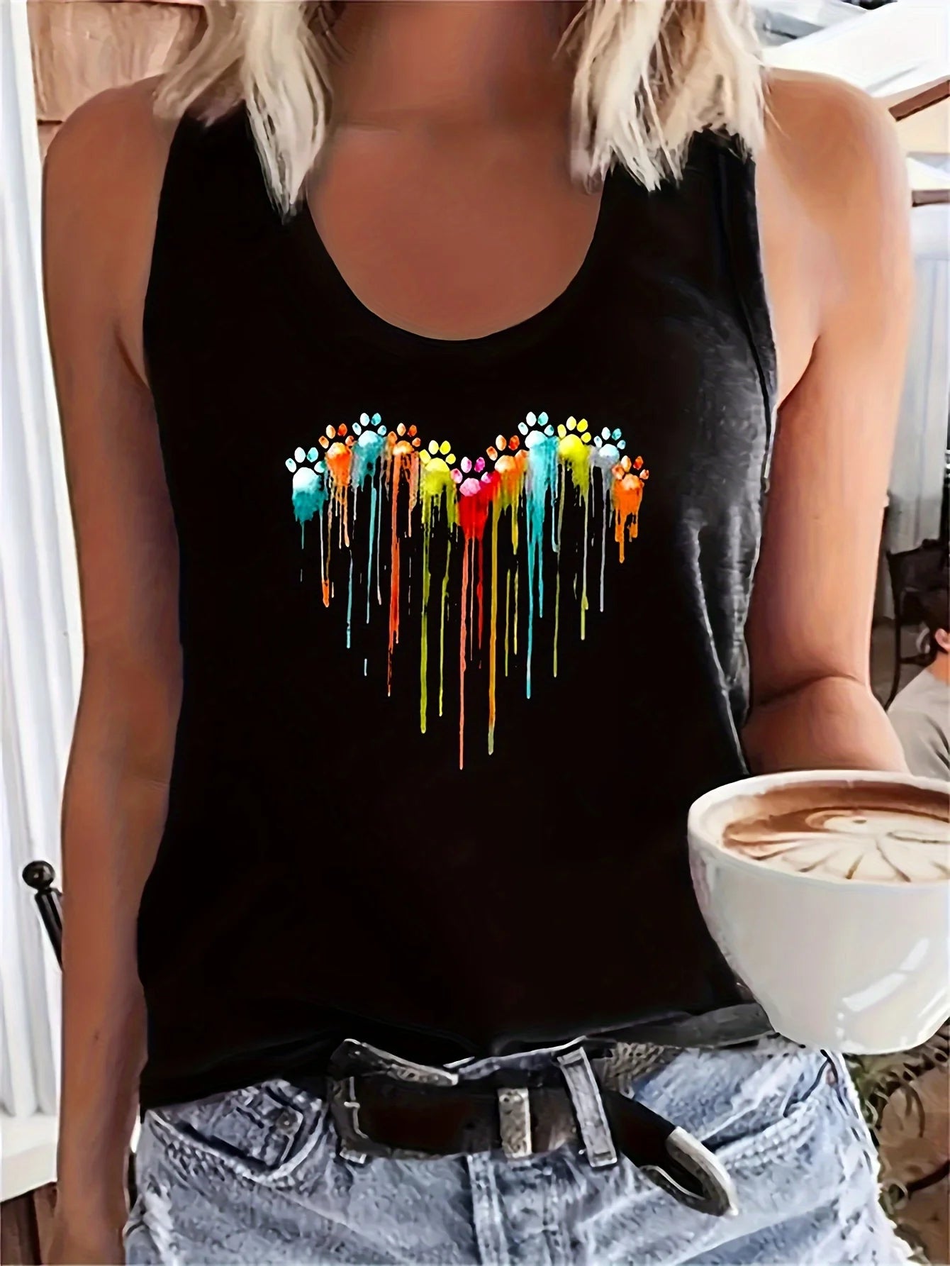 Women's Printed Polyester Tank Top with Round Neck and Relaxed Sleeveless Cut