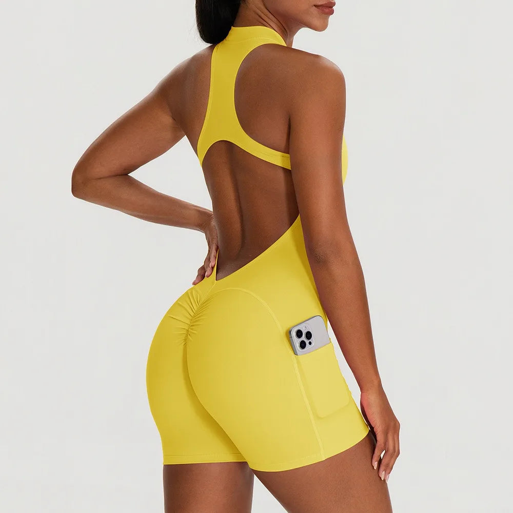 Women's Halter Neck Nylon Blend Workout Romper with Front Zip