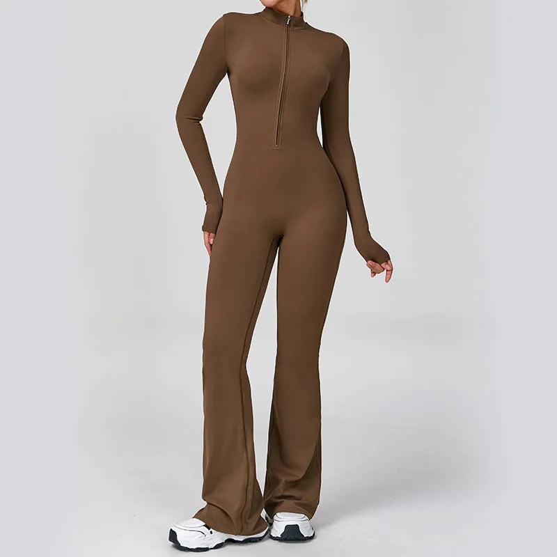 Women's Long Sleeve Nylon Blend Flared Workout Jumpsuit with Front Zipper