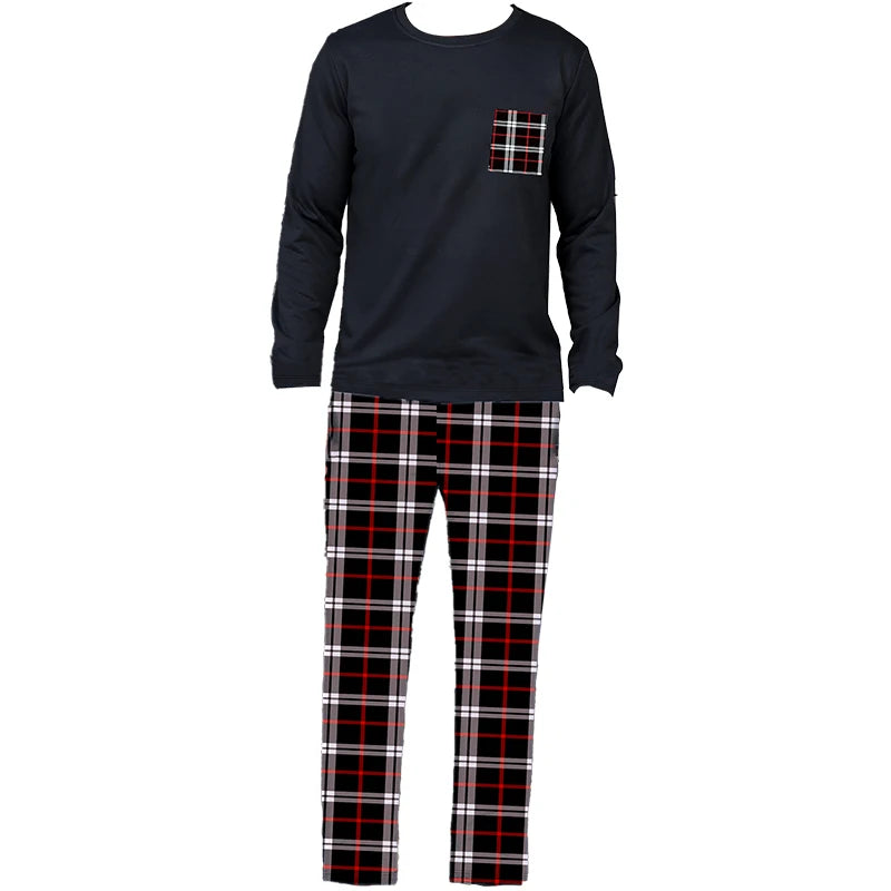 Men's Long Sleeve Pocket Top and Plaid Pants Pajama Set