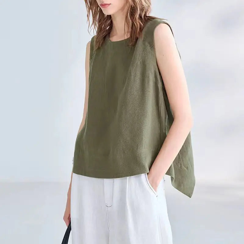 Women's Linen-Lyocell Sleeveless Relaxed Tank Top with Button Detail for Summer Outfits