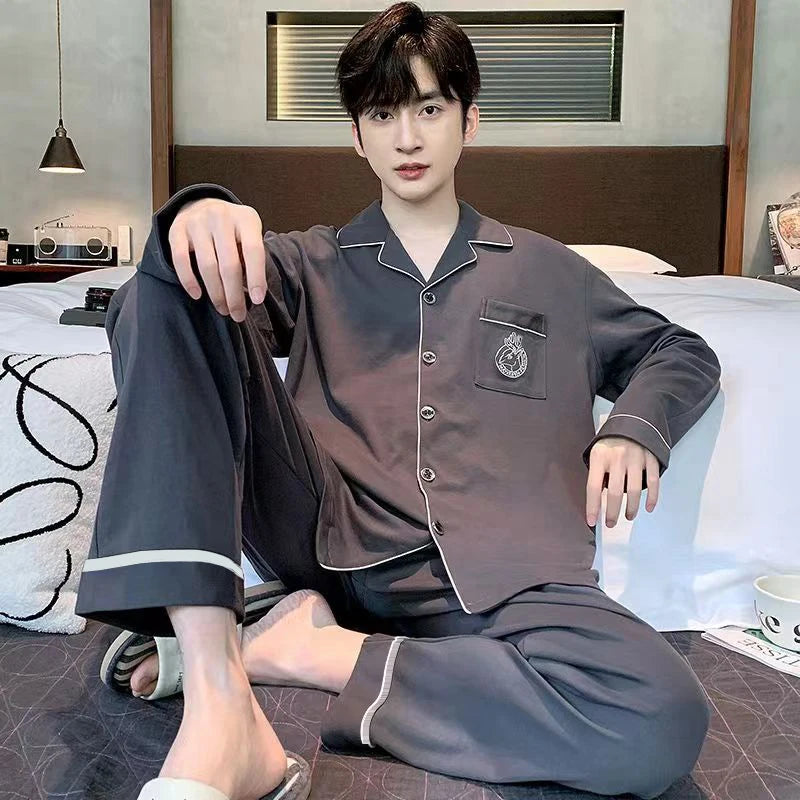 Men's Printed Button Front Long Sleeve Shirt and Pants Pajama Set