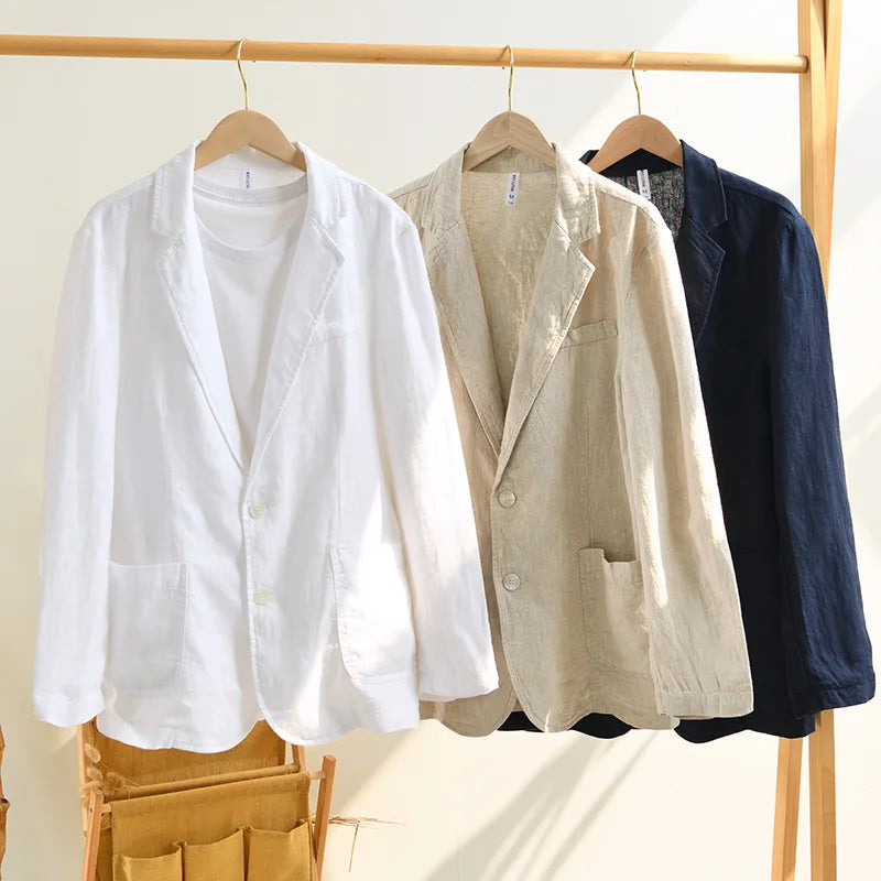 Men's Linen Single-Breasted Notched-Lapel Blazer with Long Sleeves for Smart Casual Outfits