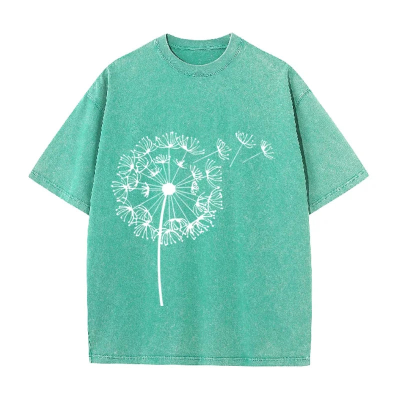 Dandelion Print Vintage Washed Brown T Shirt Casual Minimalist Streetwear Tee