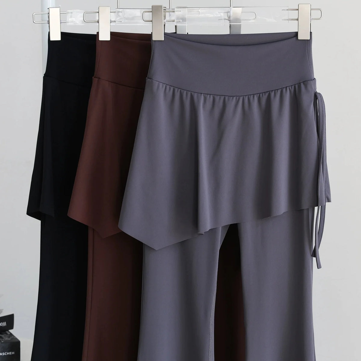 Women's Skirt Overlay Nylon Blend Flared Workout Pants with Side Tie Detail