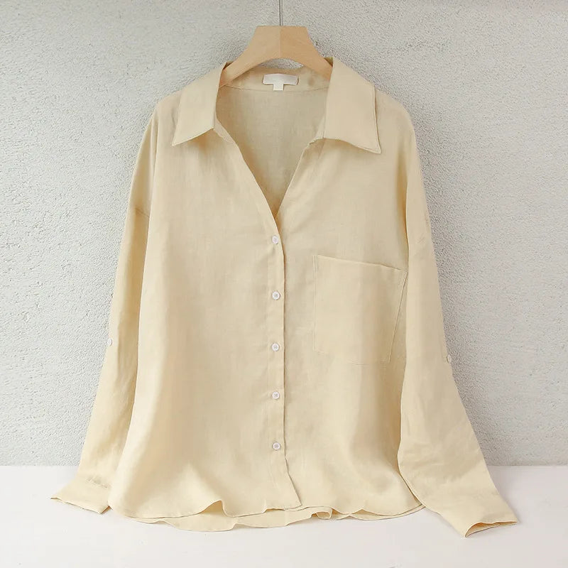 Women's Linen Long-Sleeve Loose Collared Button-Up Shirt with Pockets for Casual Outfits