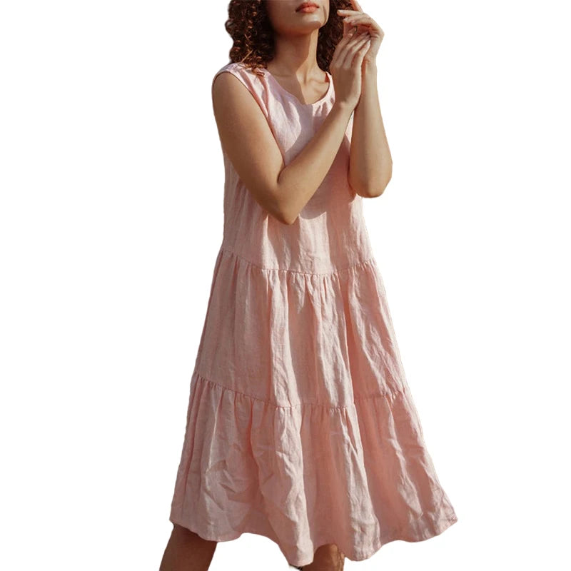 Women's Cotton-Linen Sleeveless Loose A-Line Midi Dress with Ruffles for Summer Outfits
