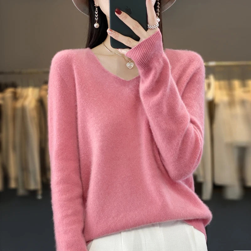 Women's V Neck Long Sleeve Sweater Casual Knit Layer