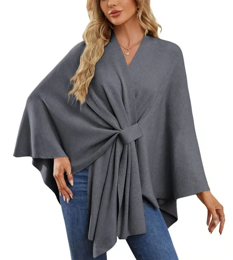 Ribbed Open Front Drape Poncho for Layering over Outfits