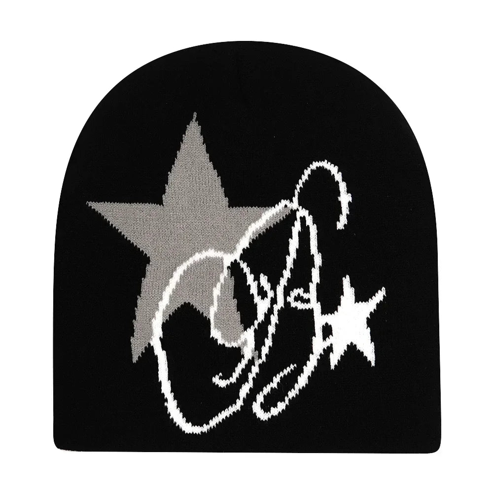 Graphic Knit Beanie with Letter and Pattern Style Options