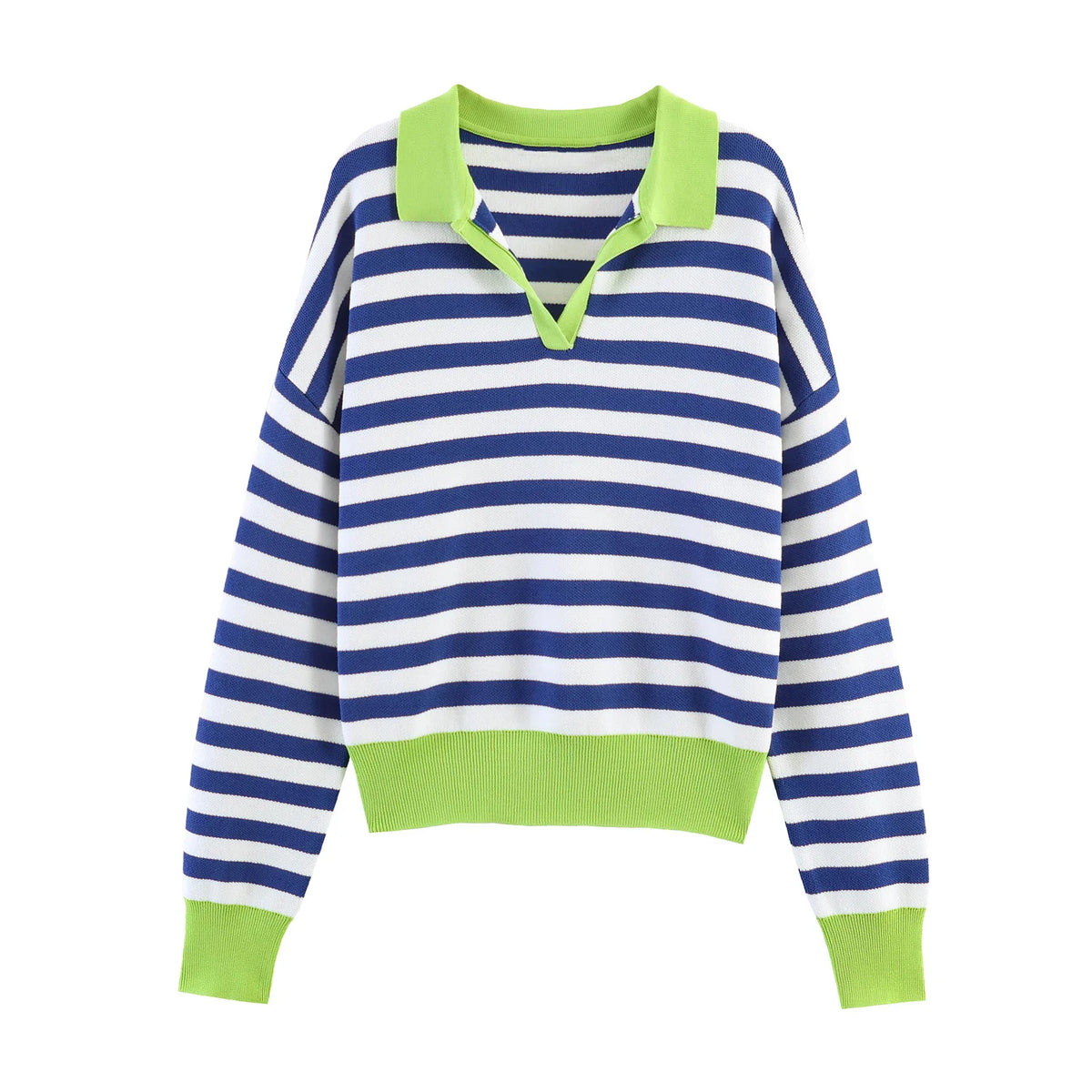 Women's Striped Polo Collar Loose Fit Sweater Casual Knit Layer