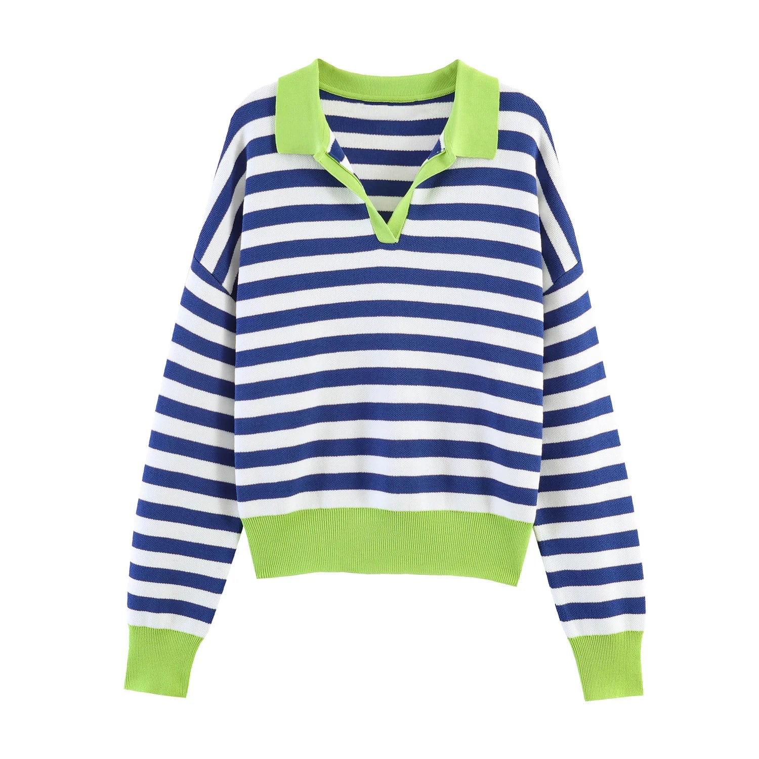 Women's Striped Polo Collar Loose Fit Sweater Casual Knit Layer