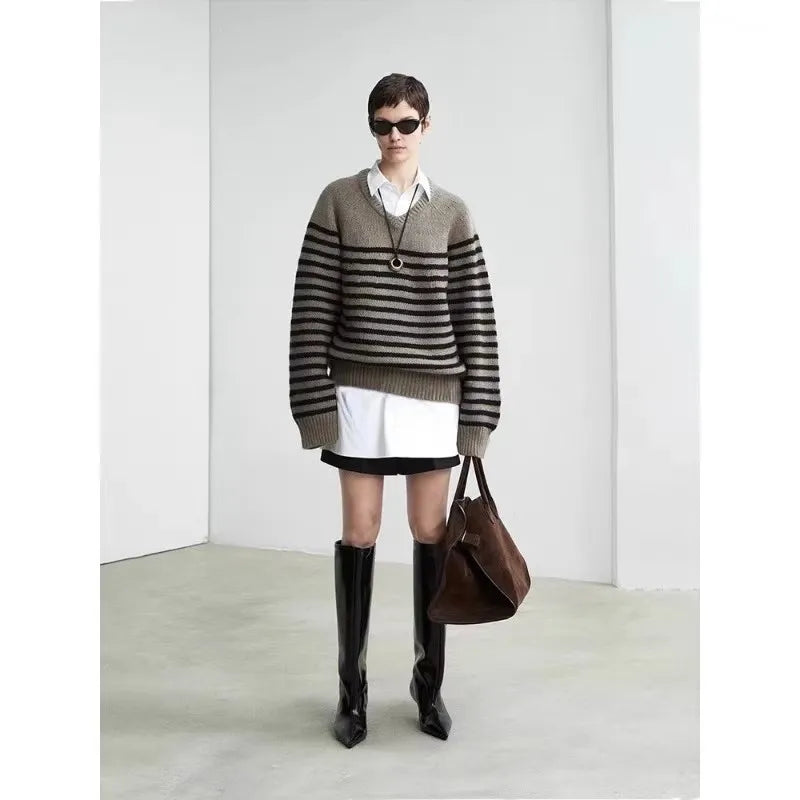 High-end V-neck striped 100% wool knitted sweater loose pullover sweater women wool base layer