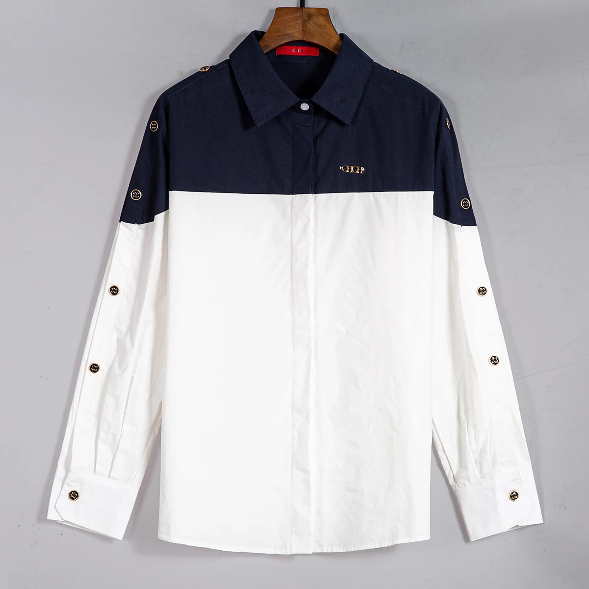 Women's Colour Block Collared Shirt with Wide Sleeves