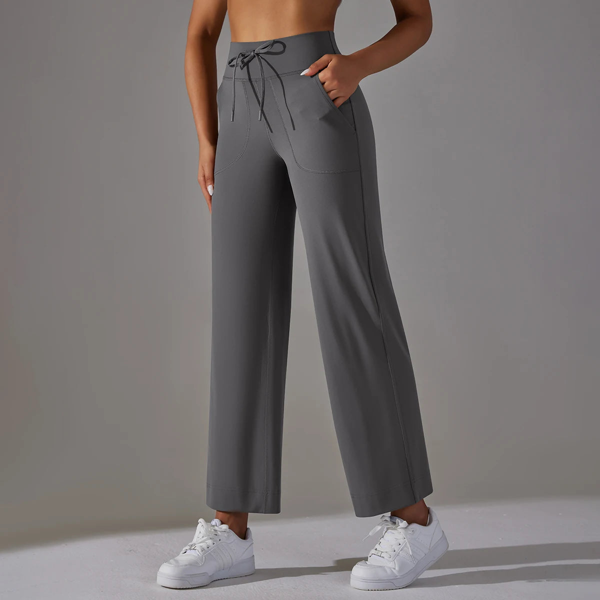 Women's Drawstring Waist Nylon Blend Cropped Wide Leg Pants with Side Pockets