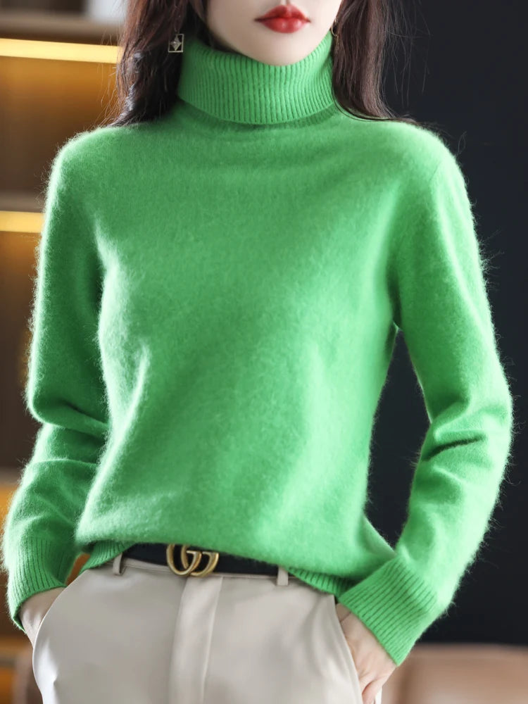 Women's Plain Roll Neck Long Sleeve Sweater Casual Knit Layer