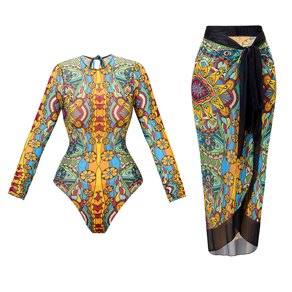 Printed Long Sleeve Swimsuit with Matching Skirt